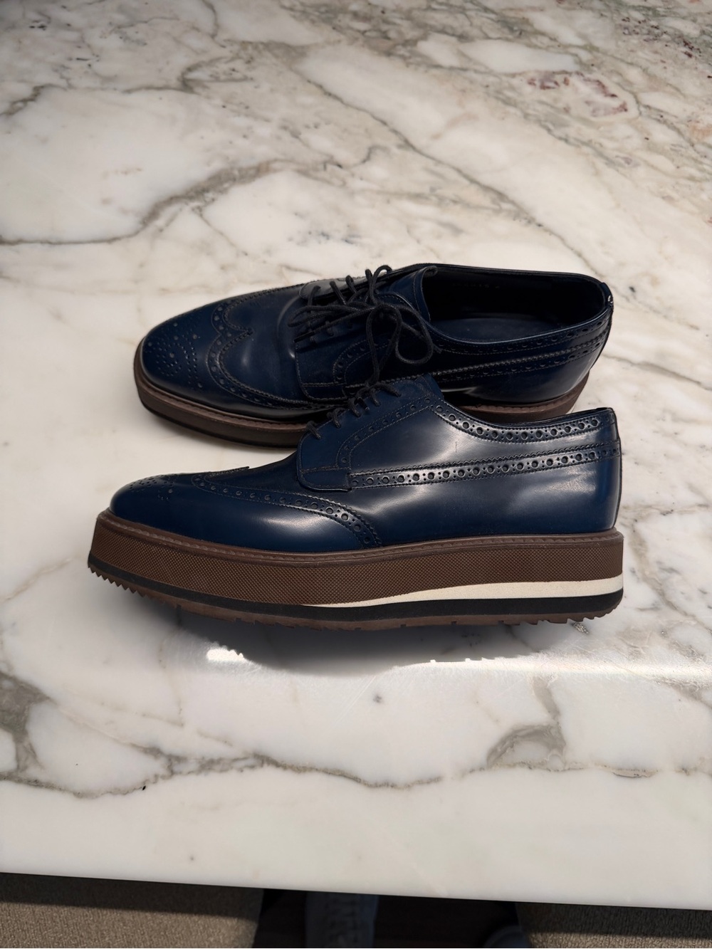 Prada Navy Leather Brogue Platform Derbys